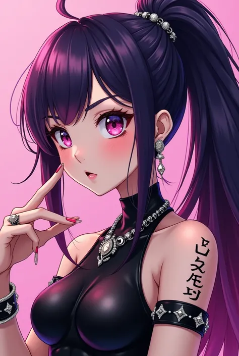 Ultra Detailed Anime Art Black Latex Costume Young Japanese Idol Purple Hair Fuchsia Highlights High Definition Ponytail Sparkling Flashy Necklace Earrings Bracelets