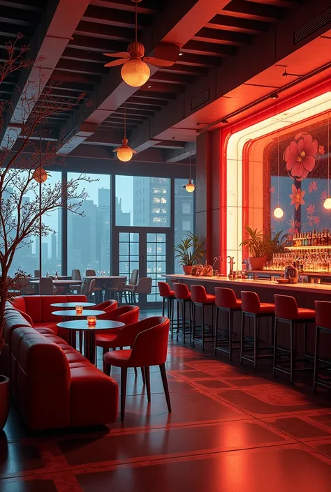 A bar with a theme that encompasses ( le style :Japanese,  jazz,  American 80s and cyberpunk