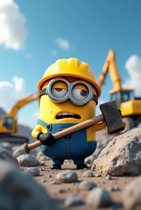  A Minion in a work environment , dressed in a classic blue jumpsuit and equipped with a yellow safety helmet.  He is at a construction site ,  holding a huge sledgehammer with both hands ,  while trying to break a giant rock . In the background,  there ar...