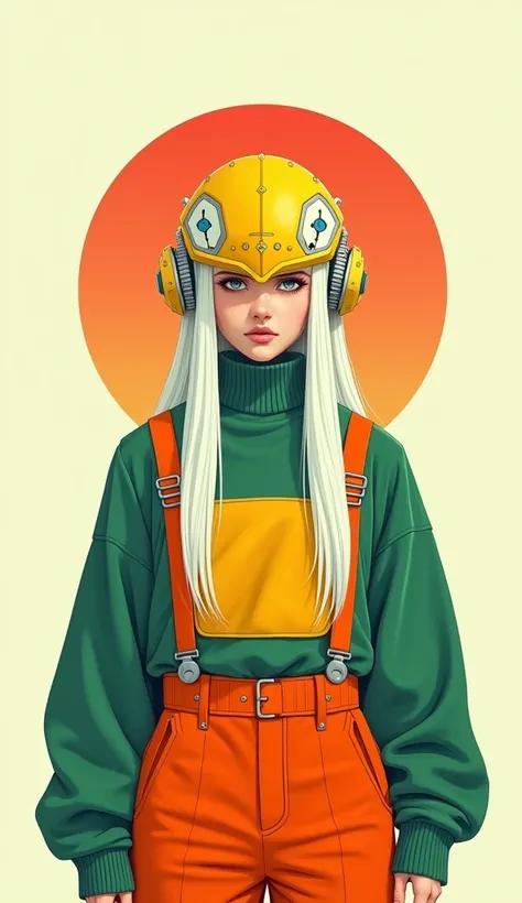 This is a digital illustration in a modern, stylized art form, featuring a person with a futuristic, mechanical headgear. The individual has light skin and is wearing a high-tech helmet with a segmented, geometric design in shades of yellow, white, and red...