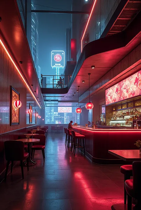 A bar with a theme that encompasses ( le style :Japanese,  jazz,  American 80s and cyberpunk