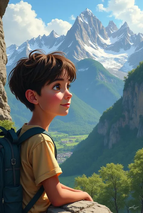 Drawn boy with short brown hair from Costas looking at a beautiful landscape in Switzerland