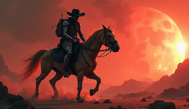 A space cowboy riding a horse, whose appearance mixes mechanical and organic elements, with predominant tones of red and black. The cowboy wears a stylized hat. They traverse a barren alien terrain, surrounded by floating rocks and craters, under a dark re...