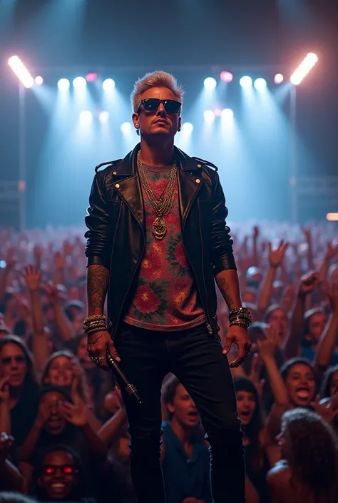 rockstar looking guy singing with a mic stand and mic wearing a fancy random colour tee shirt not tugged in, with random colour leather jacket and black jeans pants, wearing sunglasses and lot of accessories on neck and hands, on a stage in front of a huge...