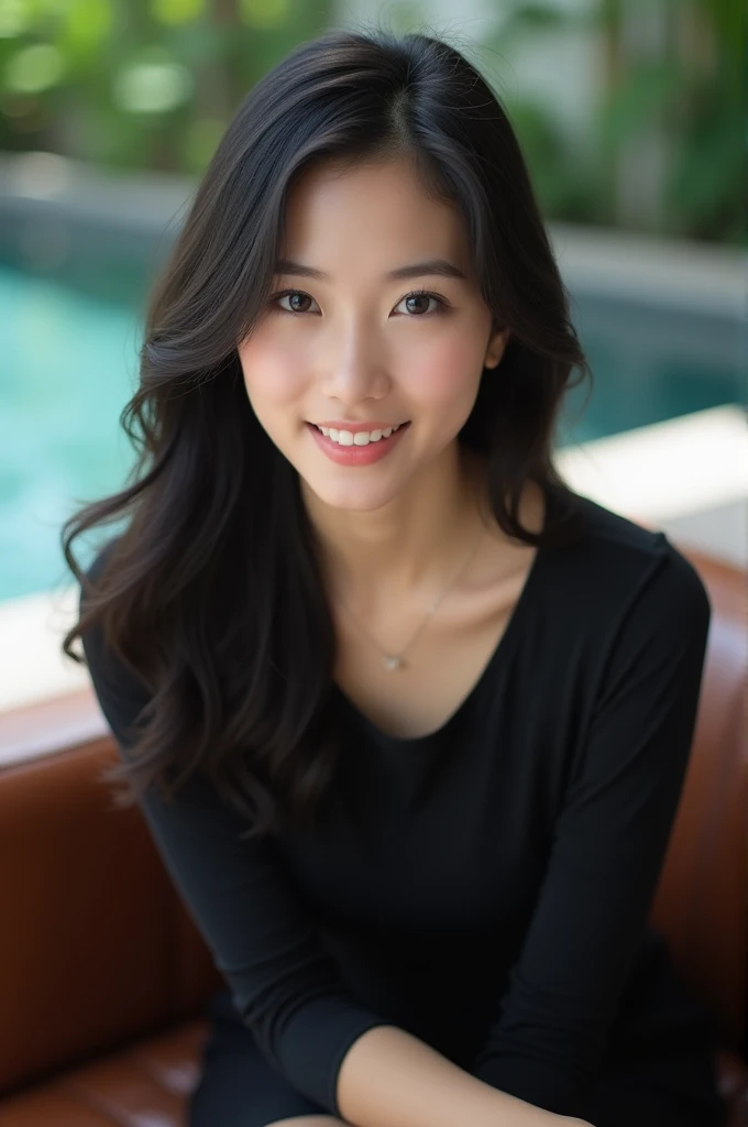 Real photo of a beautiful girl Asian face long hair black color is smiling wearing long sleeve shirt black color is sitting on a brown color sofa near the pool looking elegant super ultra HD quality