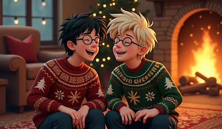 Harry Potter with glasses on, and blonde hair Draco Malfoy wearing Christmas sweaters sitting in front of a fireplace laughing