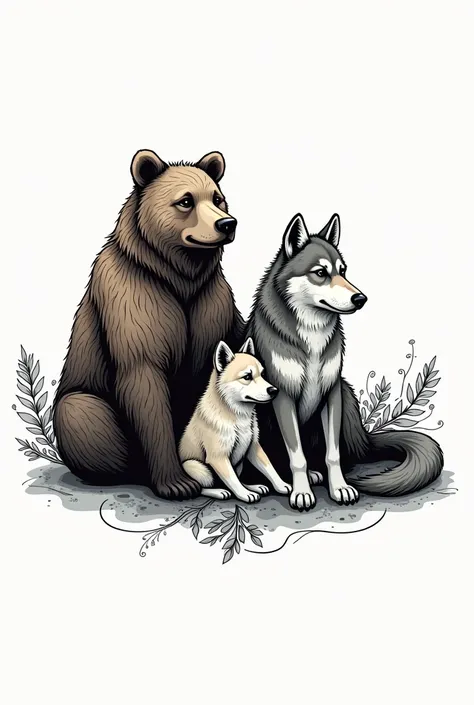 Un ours, A wolf and a puppy sitting side by side. Tattoo version  