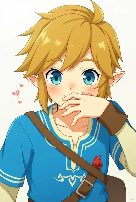 Link (BOTW, Zelda), blue champion tunic, blushing and covering his mouth with his hand, anime  style