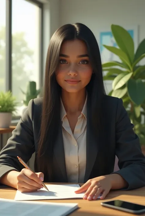 Uma linda gordinha Indian girl in a office dress, in the office, black long straight hair, perfect skin, rounded cheeks, warm lighting, sitting at a desk, paperwork, potted plant, large windows, (best quality, 4k, 8k, high resolution, masterpiece :1.2),ult...