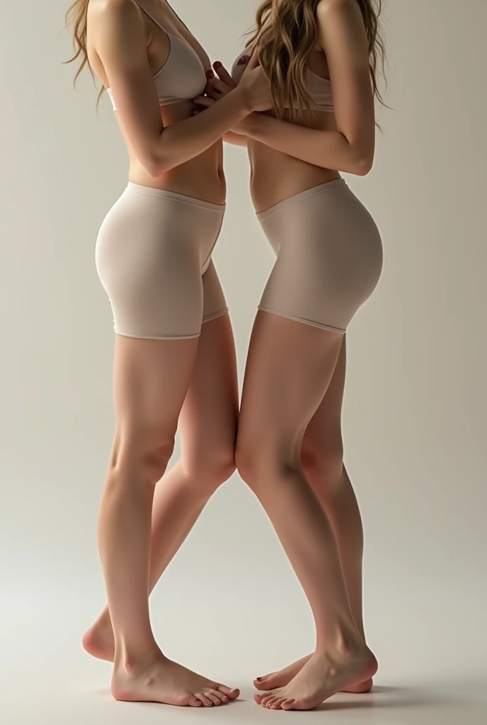  Create two pre-adolescent models with a slim body and fair skin, both of us wearing tight long lycra shorts ,  one tucked into the leg of the other who is standing 