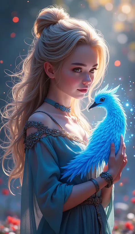 digital illustration by mandy jurgens and yu kamiya , beautifull stunning (cute  holding a glowing ,resplendent, anura and shiny blue phoenix bird) ,intrincate detailed hair , intrincate detailed clothes, intrincate detailed face features,sharp detailed ha...