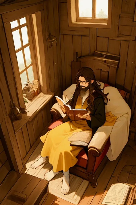 A cozy hut room, with soft lightning that comes from a fire in a chimney/Fireplace. A man with long dark hair and a short beard is sitting in a very comfortable big chair, reading a fairytale from a book.  Around them in a small circle there sitting 4 rens...