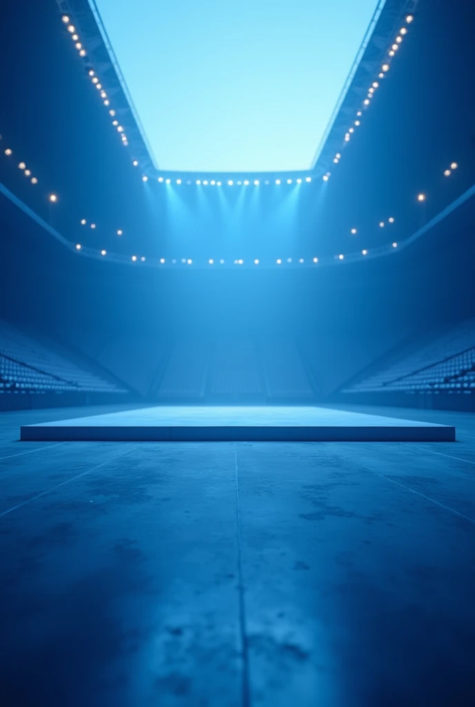 Design an empty stage at a concert in blue colors in a stadium