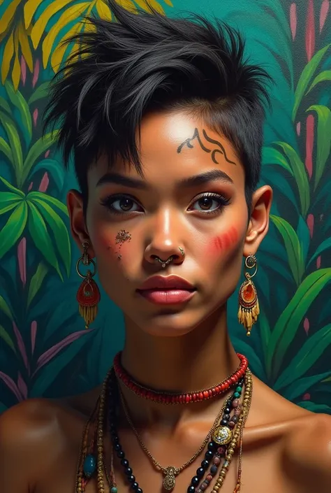 a wild indigenous woman portrait, detailed face with tattoo, nose bone piercing, short hair with streaks, colorful jungle painting, realistic, detailed facial features, beautiful eyes, full lips, cinematic lighting, vibrant colors, lush foliage, photoreali...