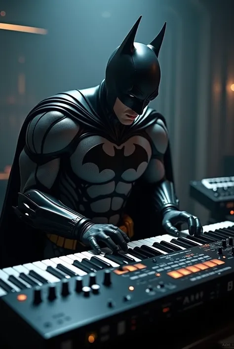 Batman, dressed as Batman, plays a keyboard synthesizer furiously.