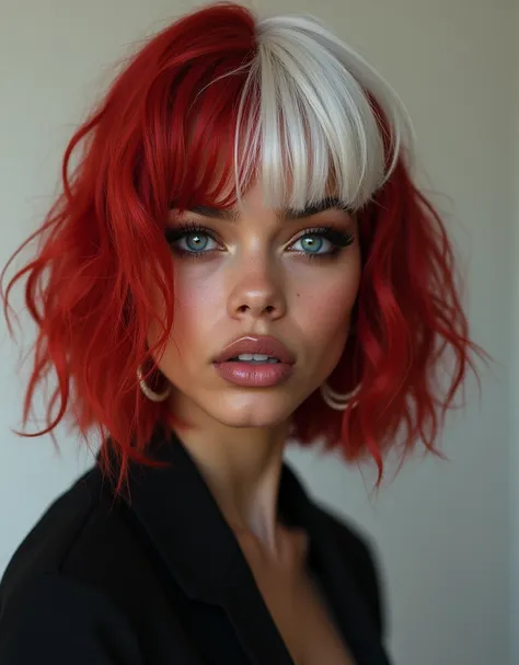   Beautiful mulatto with blue eyes and red hair, black highlight ,  white lock on face  
