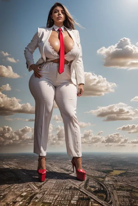 Giantess art, giga giantess, sophisticated and stylish woman in a light grey italian pinstriped trouser suit, form fitting white shirt, and a large wide red necktie in a windsor knot, with a beautiful, curvaceous figure, large natural breasts, and long hai...