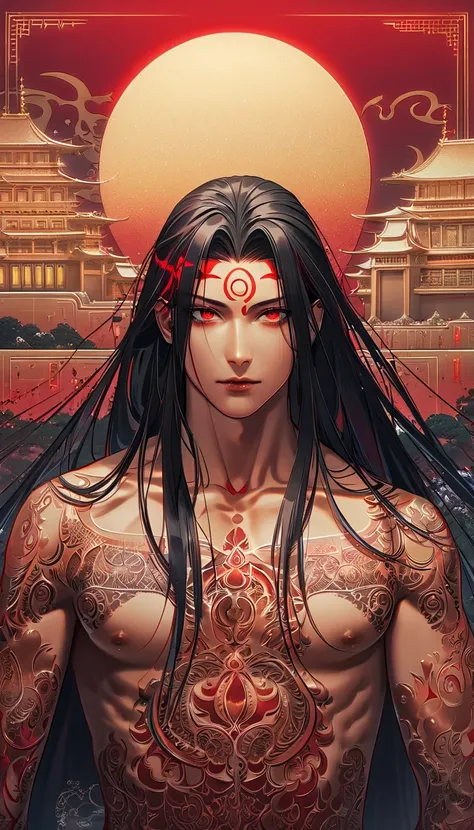 (absurdres, highres, ultra detailed, HDR), master piece, best quality, perfect face, delicate features, vibrant red eyes, solo, man, handsome, Asura with tanned skin, black untamed long hair, black hair, red mark on the forehead, red tunic, showing the che...