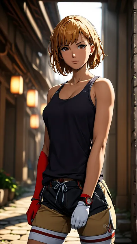 (1girl, anime style, UHD, best quality, depth of field, dramatic light, cinematic, masterpiece:1.5), (adorable mature face, strong expression, statuesque athletic body, short pixie cut hair, thick golden hair, tan skin, dirty radiant skin, detailed skin te...