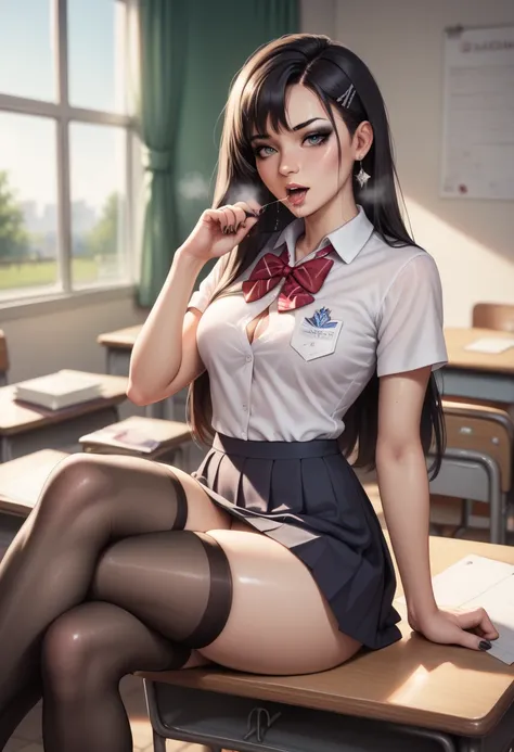 (high quality), (CGI), (masterpiece), (skin glistens), shiny skin, sweet, heavy breathing, saliva, 1 girl, schoolgirl, short white shirt, black school jacket, bare chest, bare belly, black miniskirt, black stockings, no panties, sitting on a desk, crossed ...