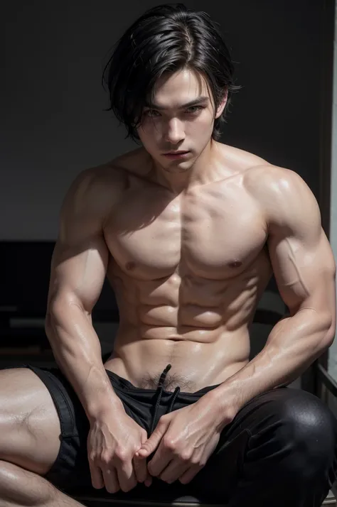 A seated male figure in a static and relaxed pose, sitting with elbows resting on knees, hands relaxed, no shirt, showing a well-defined muscular torso with approximately 12% body fat. The man has a tied-back hairstyle similar to Eren Yeager, with two loos...