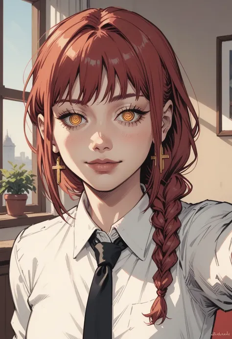 1girl, solo, jewelry, earrings, ringed eyes, looking at viewer, yellow eyes, red hair, cross, braid, sidelocks, shirt, indoors, cross earrings, white shirt, necktie, lips, window, smile, selfie, parted lips, blurry, upper body, braided ponytail, medium hai...