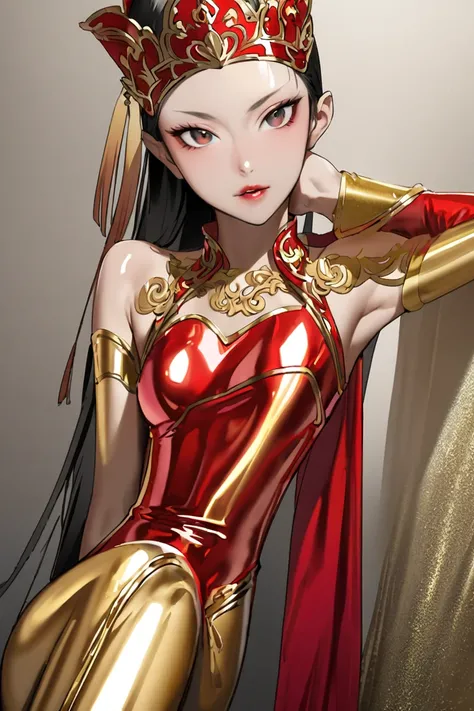 Chinese princess skinny woman wearing latex gloves boots high heels traditional red and gold latex clothing 