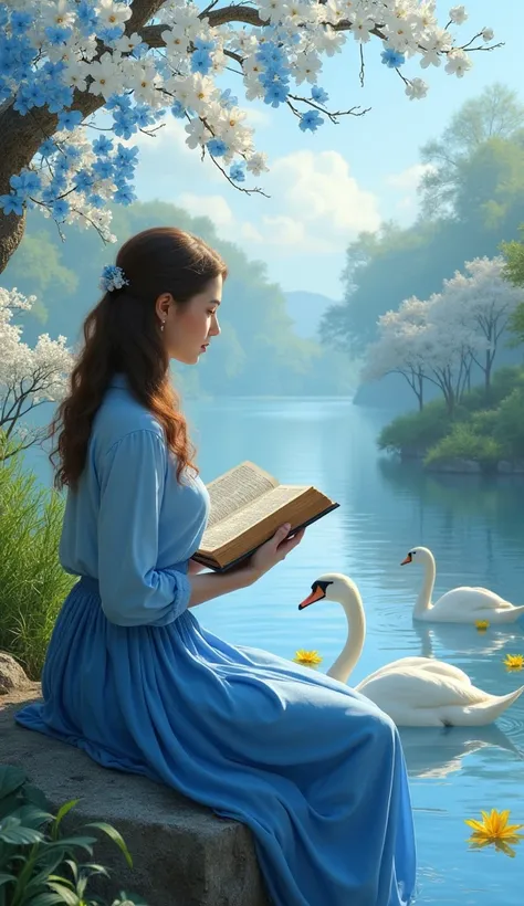  Background garden of blue and white orchids  ,realistic clear sky ,  realistic white swans swimming in the river    ,   Realistic river reflecting yellow flowers floating on the rack ,  a realistic sitting woman wearing a blue skirt and a blue long sleeve...