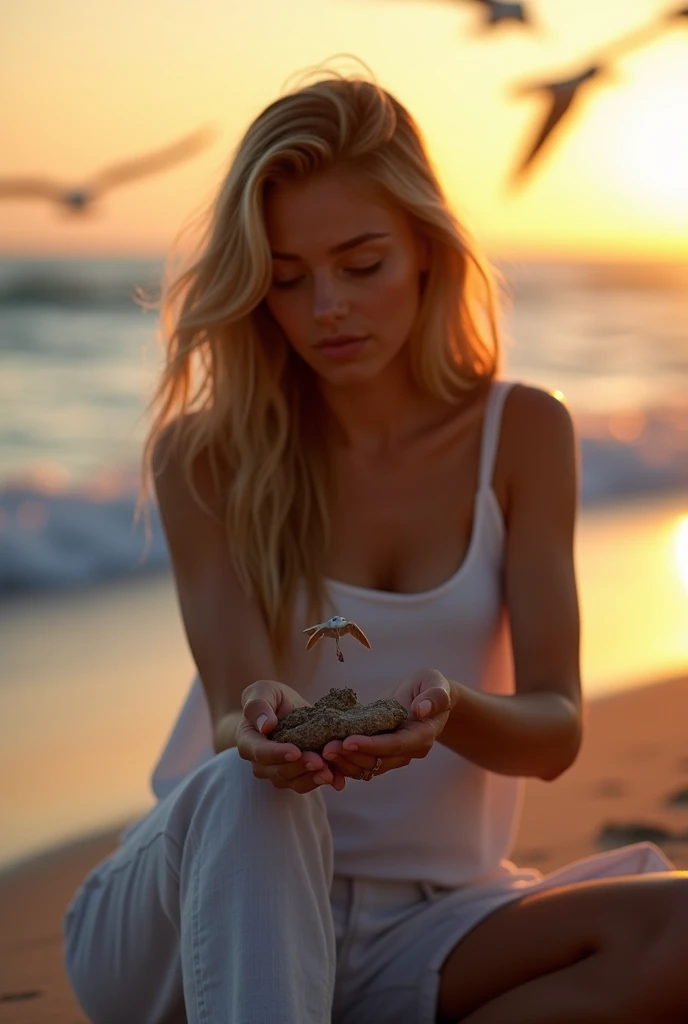 A poignant portrait of self-compassion: a person sitting on a serene beach at sunset, with the warm golden light casting a gentle glow on their face. They are surrounded by the calm waves and the sound of seagulls flying overhead. The subjects eyes are cas...