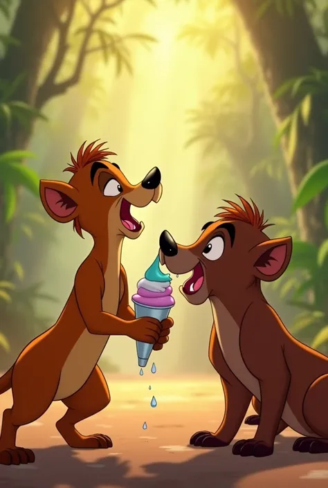 Make me a video of Timon and Pumbaa fighting over ice cream