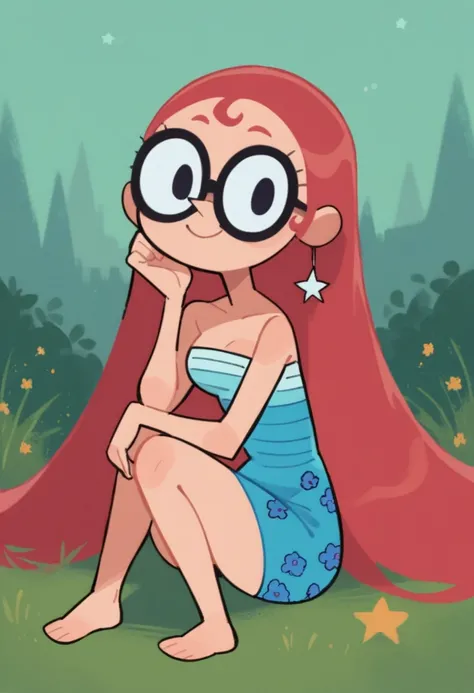 score_9_up, score_8_up, score_7_up, cartoon, 1girl, oceanbird, red hair, long hair, glasses, star earrings, blue dress, strapless dress, looking at viewer, smile, closed mouth, full body, sitting on the ground