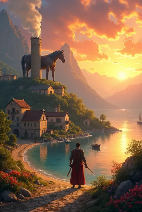  A small town by the river, mountains in the background,  colorful floral flowers ,  detailed landscape,  beautiful natural landscapes,  atmospheric lighting, scorching sunset " An ancient warrior standing on a beach in front of a ruined city,  with a huge...