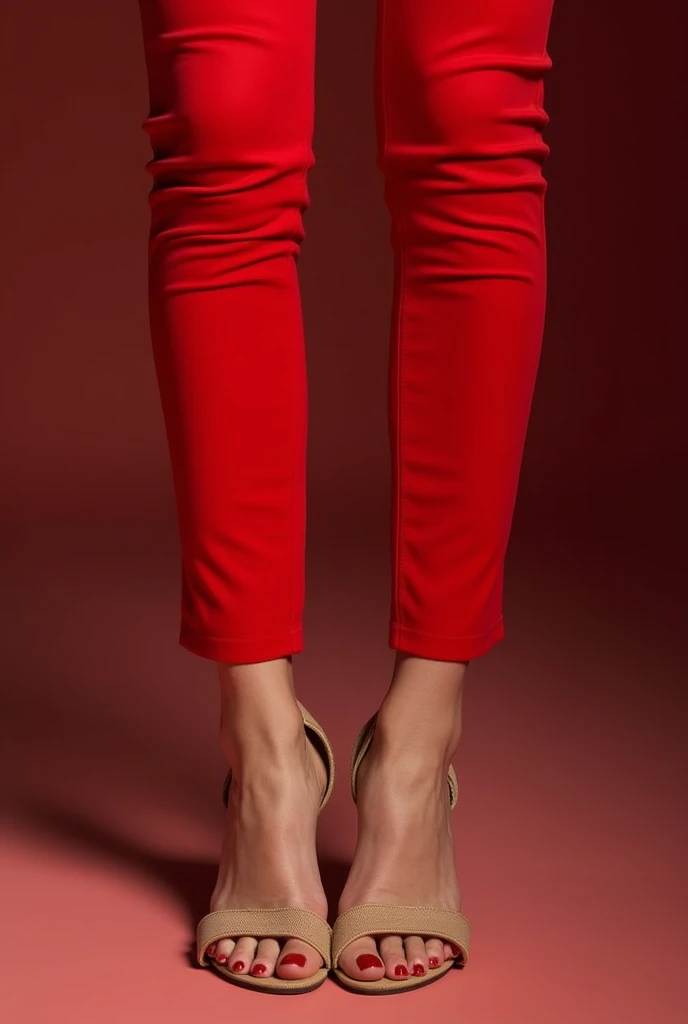 Woman legs under the table with tight red pants, peep toe home sandals and red toenails 