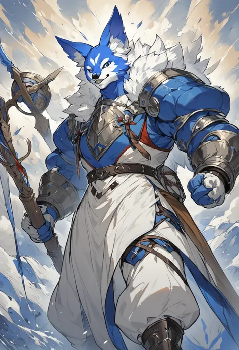 an anthropomorphic man half blue fox, carrying a staff that emits explosions, a medieval heroic outfit, strong physique, a scar on his chin, high definition 8k