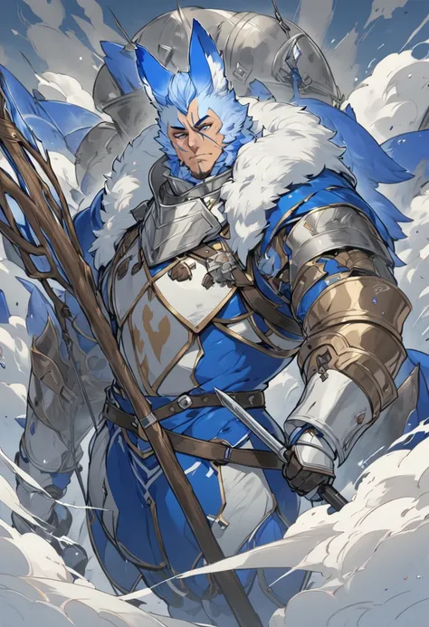 an anthropomorphic man half blue fox, carrying a staff that emits explosions, a medieval heroic outfit, strong physique, a scar on his chin, high definition 8k