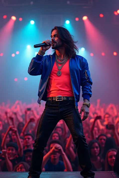 rockstar looking guy with long hair singing with a mic stand and mic wearing a fancy bright neon colour tee shirt not tugged in, with roy blue jacket and black sequin pants, wearing a lot of accessories on neck and hands, on a stage in front of a huge crow...