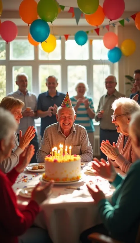 A heartwarming and joyful scene captures a 75-year-old man celebrating his birthday in a lively nursing home filled with other elderly residents. The man, wearing a party hat, sits at the head of a long table adorned with colorful decorations, a large birt...