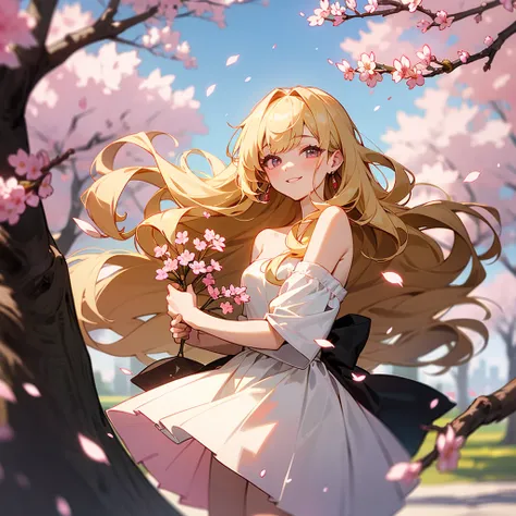 art by Cornflower,  like a dream, cherry blossoms_blossoms, fall_ petals,  petals, branch,  pink_flower,  1 girl,20 years old, green_null, spring_(seasOn),  petals_On_liquid, flower, Cherry Blossom Viewing,  dress, (LOng blOnd curly hair：1.5),Wearing a wre...