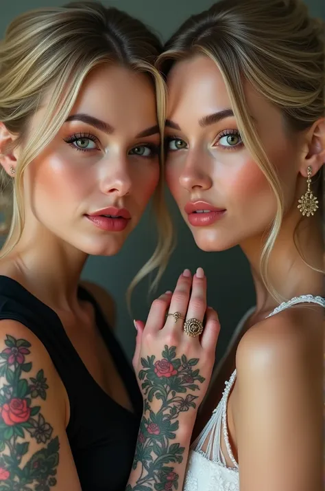 Police tall white skin with black hair, expressive eyes with roses on her hands and a beautiful smile next to a blonde girl with white skin, honey-colored eyes, beautiful smile and tattoos on her arms dressed as a bride with a ring on her finger