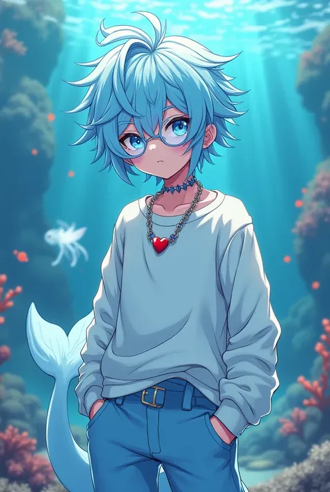 White-skinned man or boy with white arm warmers, fluffy tail with sky blue charms ,  limited sky blue cozy boy sweater , y2k classic pant blue sky vamp punk boy ,  messy fluffy sky blue hair,  cropped wolf hair sky blue anime , round pastel blue glasses, s...