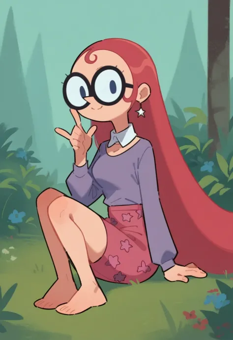 score_9_up, score_8_up, score_7_up, cartoon, 1girl, oceanbird, red hair, long hair, glasses, star earrings, white collar, purple long sleeve shirt, long pink skirt, looking at viewer, smile, closed mouth, full body, sitting on the ground