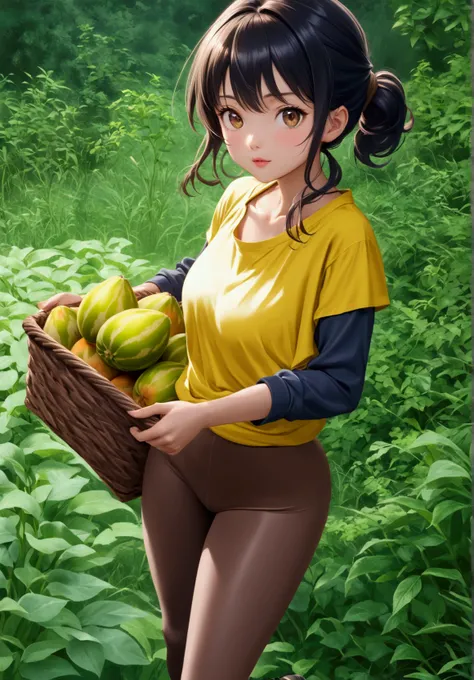 2.5D anime style, up view, dynamic pose, anime woman with a basket of muskmelons in a field of green plants, black hair, brown eyes, short yellow tshirt, black tight long sleeves, high waist shiny brown yoga leggings, dark grey leather boots, made with ani...