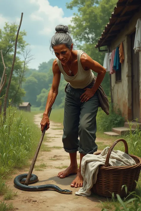  A middle-aged rural woman with a laundry basket to wash, poking a snake with a stick .