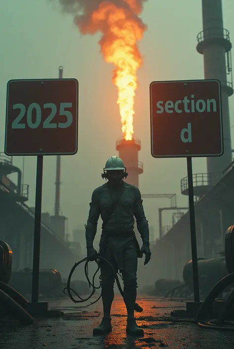 Two large signs .  On a sign it says : "2025"  and on the other sign it says : "SECTION D ".  Set in a chemical factory. You can see a very tall industrial torch burning in the background and you can also see a demon with a whip and a white safety helmet.