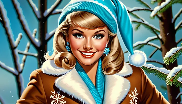 Best quality, REALISTIC VINTAGE acrylic illustration, lateral point of view of a BRAZILIAN woman, blonde hair, BANGS, beautiful face, MAKE UP, LASHES, smiling, wearing Tiffany Blue and white santa claus jacket, Tiffany Blue dress, GOLD belt, Tiffany Blue g...