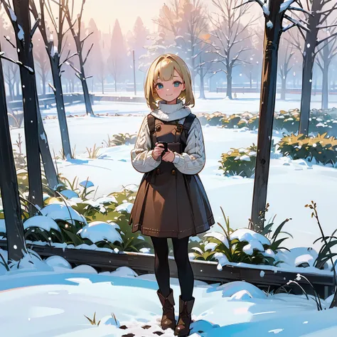 ( High Quality ,  high definition , Very detailed, reality:1.37), Peaceful atmosphere, (Outdoor, garden ,snow),  teenage girl standing alone, Beautiful details,  cute smile, (Blonde Bob ), Ribbed sweater,Brown skirt, Black tights,  brown boots .