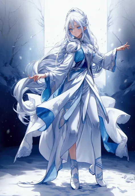 1 anime girl, long white hair, crystal blue eyes ,in the snow dancing ballet, full body, 4k resolution 