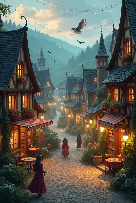 Create a cozy and magical town where wizards and witches live and surrounded by shops, restaurants and bookstores  