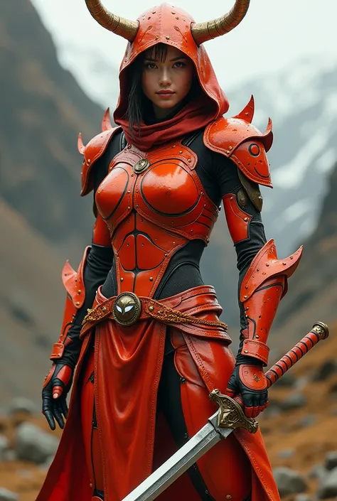  reality , Photographic , reddish golden female ninja cyborg with sword and horn、刀と角を持つ,woman, Beautiful Female Ninja with Sword and Horn ,