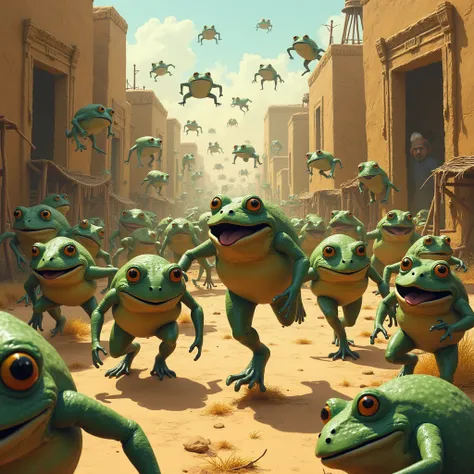 Frog infestation in the Egyptian desert,  entering houses and people running